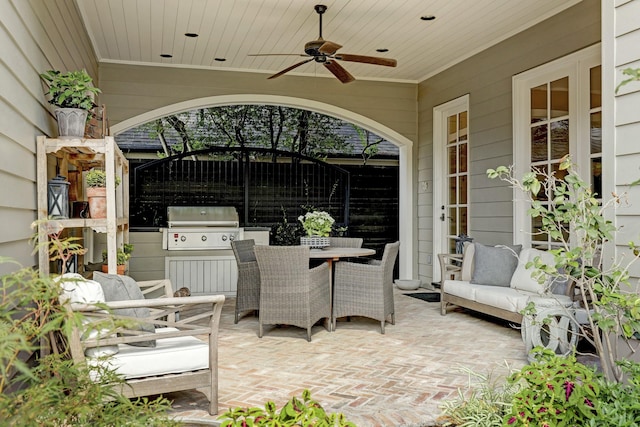 view of patio / terrace featuring an outdoor living space, a grill, and ceiling fan