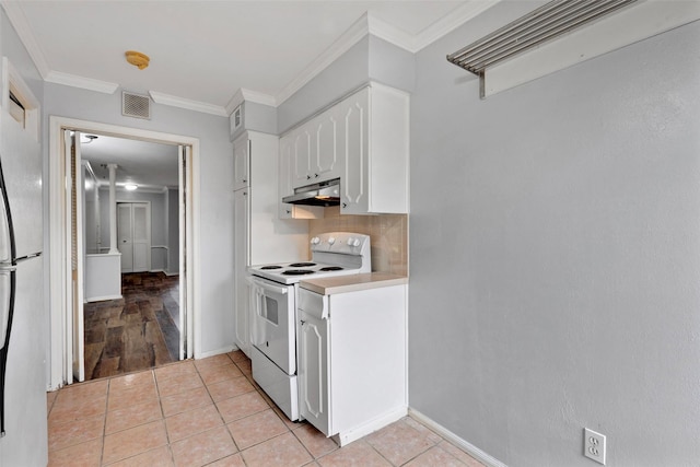 kitchen featuring white cabinetry, light tile patterned floors, white electric range, and crown molding