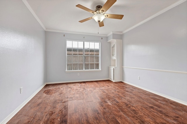 unfurnished room with wood-type flooring, ornamental molding, and ceiling fan