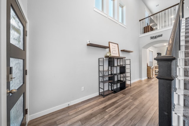 entryway featuring hardwood / wood-style flooring and a high ceiling