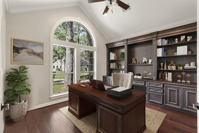 office area featuring lofted ceiling, ornamental molding, dark hardwood / wood-style floors, and ceiling fan