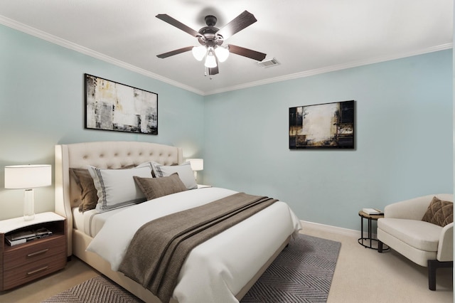 bedroom with light carpet, crown molding, and ceiling fan