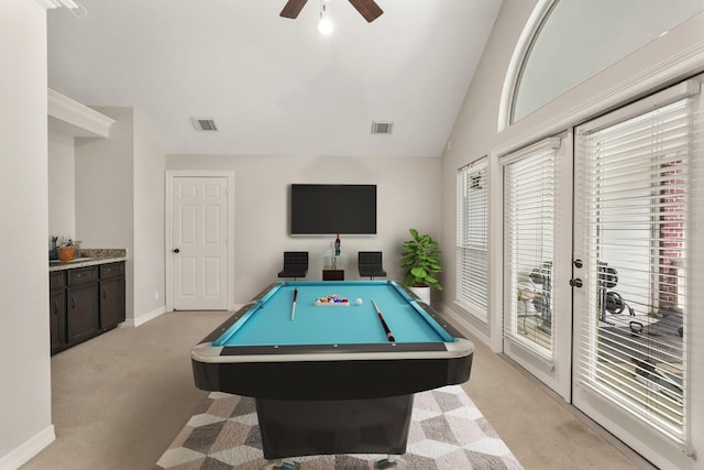 playroom featuring ceiling fan, pool table, vaulted ceiling, and light carpet