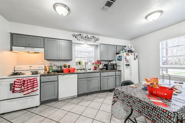 kitchen featuring gray cabinets, a wealth of natural light, and white appliances