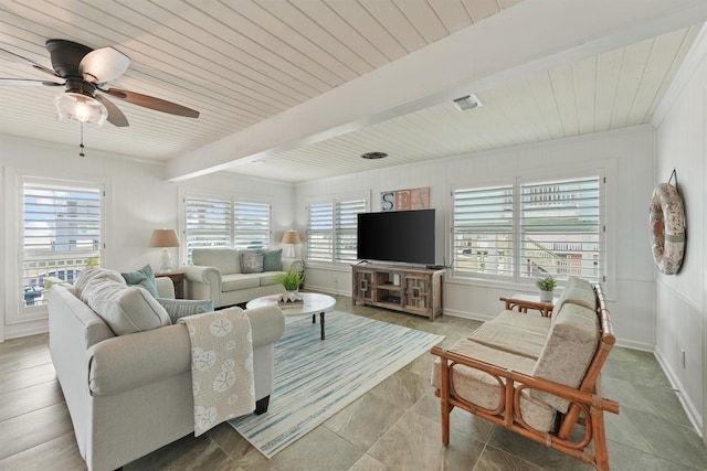 tiled living room with ornamental molding, wood ceiling, and ceiling fan