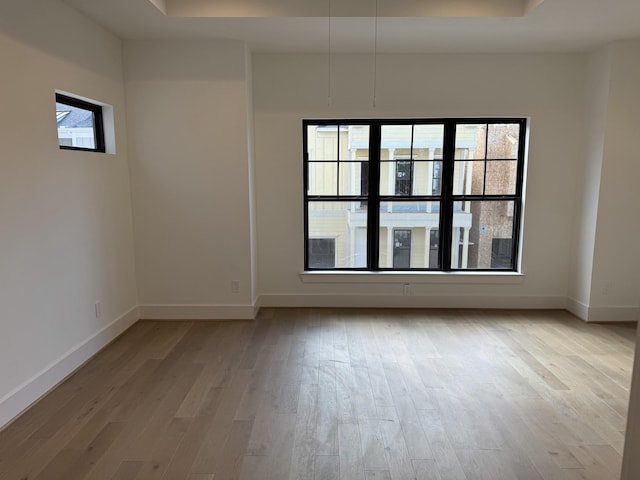 empty room with a tray ceiling and light hardwood / wood-style flooring