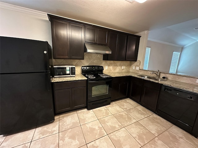 kitchen with dark brown cabinets, sink, decorative backsplash, and black appliances