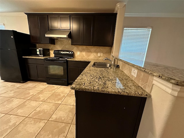 kitchen featuring sink, black appliances, light tile patterned floors, ornamental molding, and backsplash