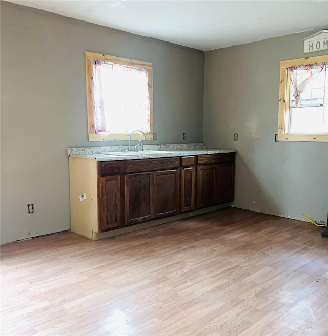 kitchen with dark brown cabinetry, sink, and light wood-type flooring