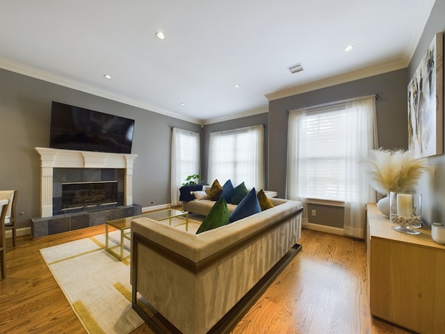 living room with crown molding, light wood-type flooring, and a fireplace