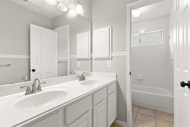 bathroom featuring vanity, tile patterned floors, and tiled shower / bath