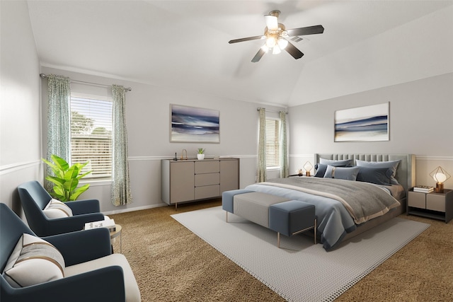 bedroom with carpet, lofted ceiling, and ceiling fan