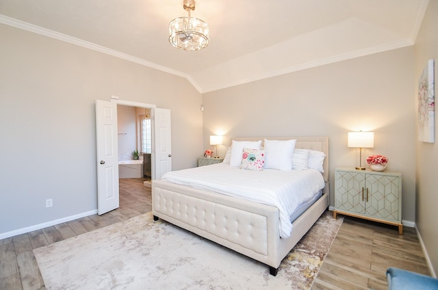 bedroom featuring ornamental molding, lofted ceiling, hardwood / wood-style floors, and a notable chandelier