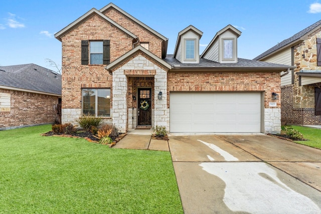 view of front of property with a garage and a front lawn