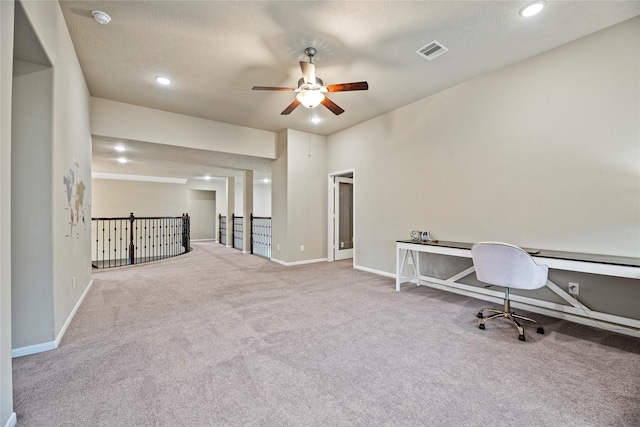 office area with light colored carpet, visible vents, baseboards, and recessed lighting