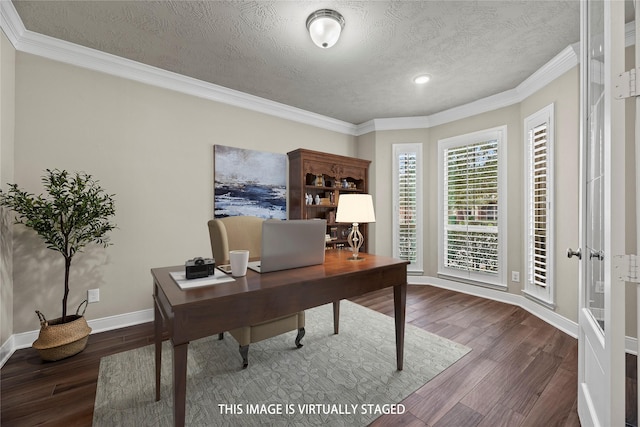 office area featuring crown molding, a textured ceiling, baseboards, and dark wood-type flooring