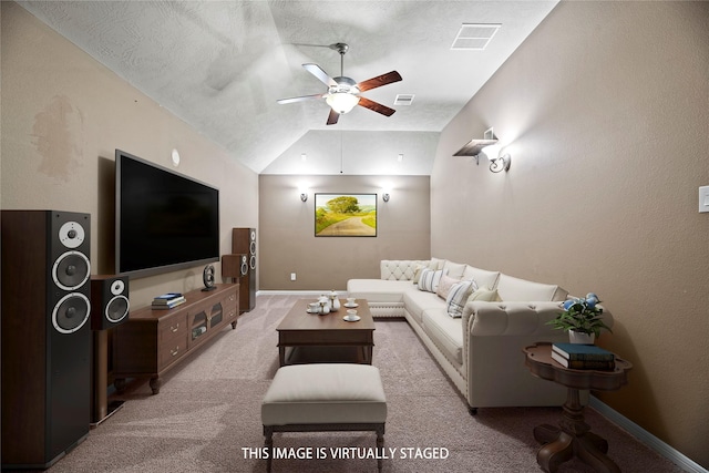 living room with visible vents, light carpet, vaulted ceiling, ceiling fan, and baseboards