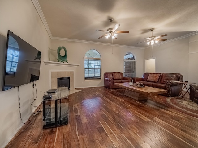 living area featuring ceiling fan, a fireplace, wood finished floors, and crown molding