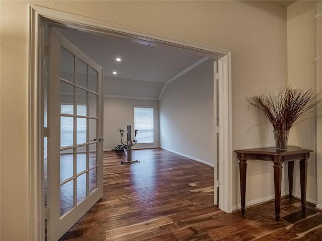 hall with crown molding, baseboards, dark wood-style flooring, and recessed lighting