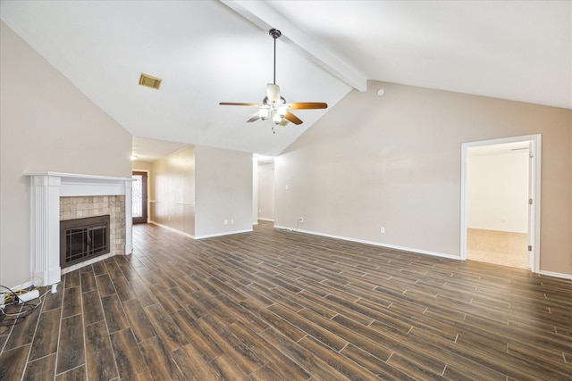 unfurnished living room featuring beam ceiling, high vaulted ceiling, dark hardwood / wood-style flooring, ceiling fan, and a fireplace