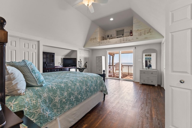 bedroom with ceiling fan, high vaulted ceiling, access to outside, and dark hardwood / wood-style flooring