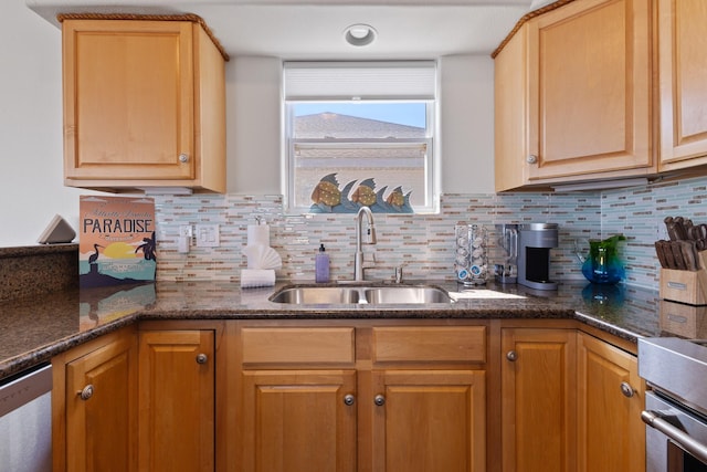 kitchen with wall oven, sink, backsplash, and dishwasher