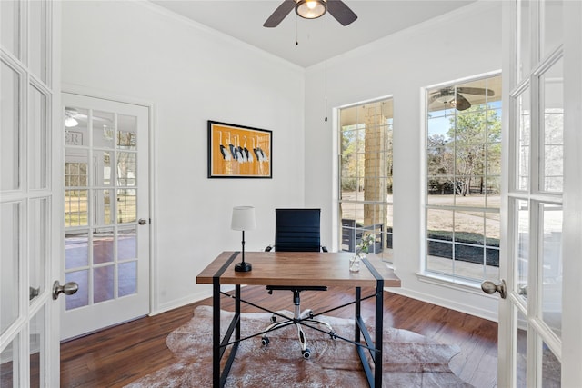 office with french doors, ceiling fan, dark hardwood / wood-style floors, and crown molding