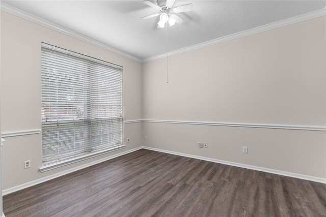 empty room with dark wood-type flooring, ornamental molding, and ceiling fan