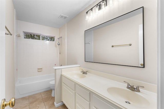 full bathroom featuring tiled shower / bath combo, vanity, tile patterned floors, and toilet