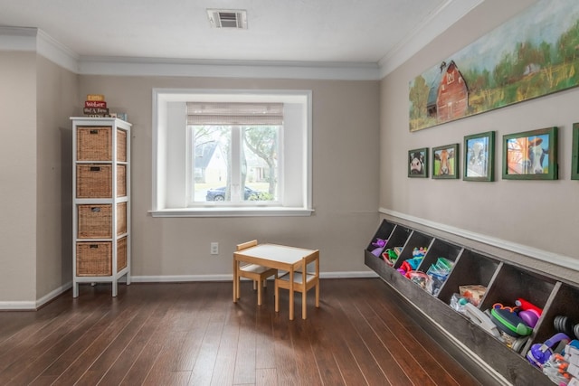 playroom featuring dark wood-type flooring and crown molding