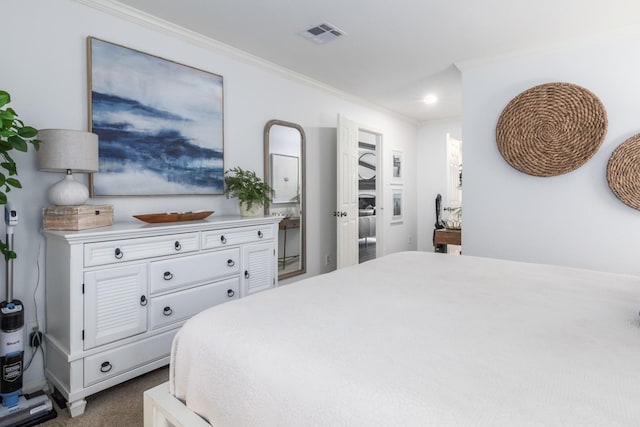 carpeted bedroom with crown molding