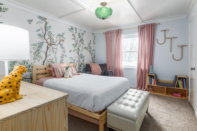 carpeted bedroom with ornamental molding