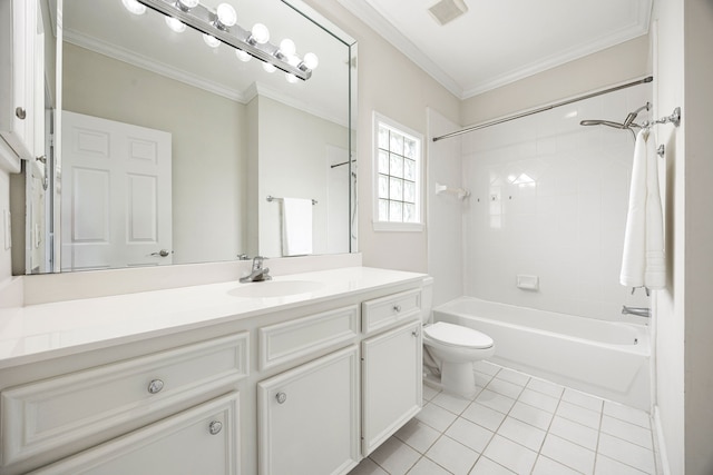 full bathroom with vanity, tile patterned flooring, ornamental molding, and tiled shower / bath