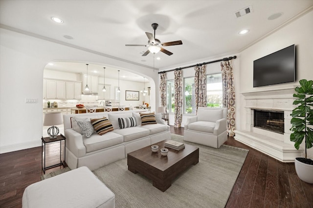 living room featuring dark wood-type flooring, ceiling fan, ornamental molding, and a fireplace