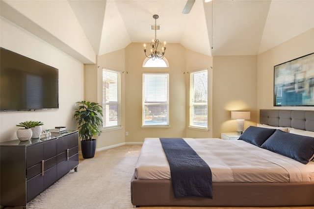 carpeted bedroom with an inviting chandelier and lofted ceiling