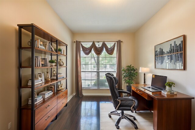 home office featuring dark hardwood / wood-style floors