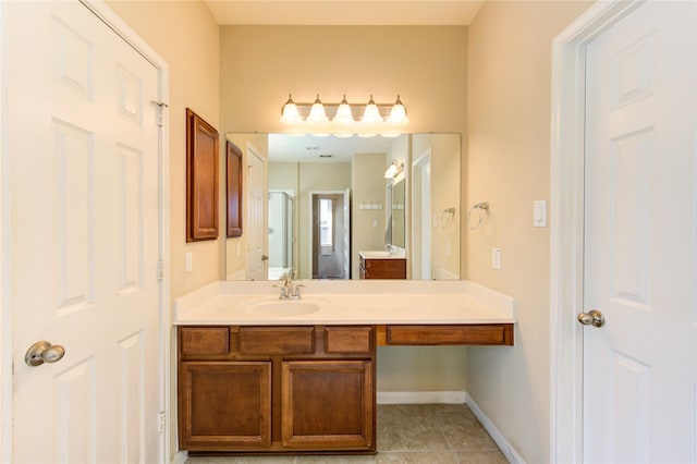 bathroom featuring tile patterned flooring, vanity, and walk in shower