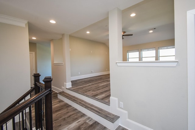 interior space with ornamental molding and dark hardwood / wood-style flooring