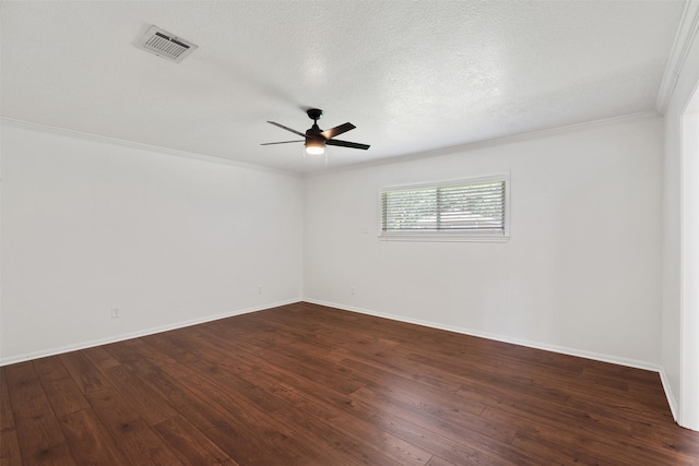 empty room with crown molding, ceiling fan, a textured ceiling, and dark hardwood / wood-style flooring