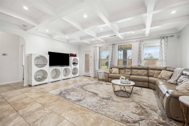 living room with arched walkways, beam ceiling, coffered ceiling, and recessed lighting