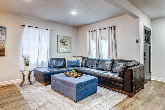 living room with hardwood / wood-style flooring and a textured ceiling