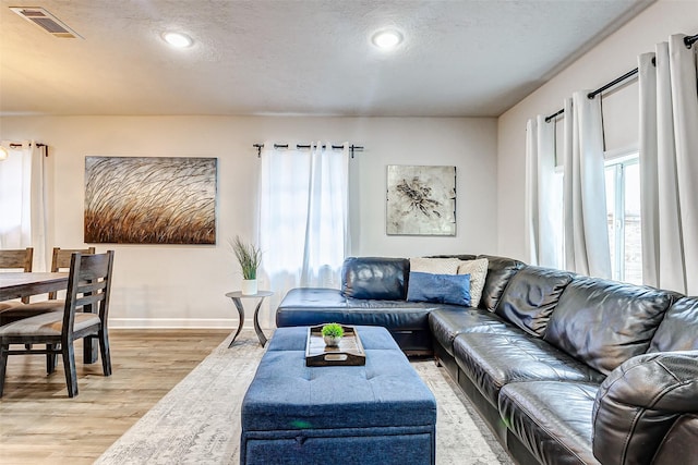 living room with wood-type flooring and a textured ceiling