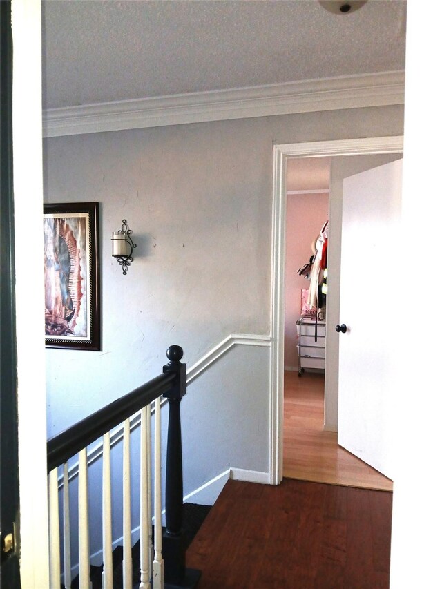 corridor with crown molding and wood-type flooring