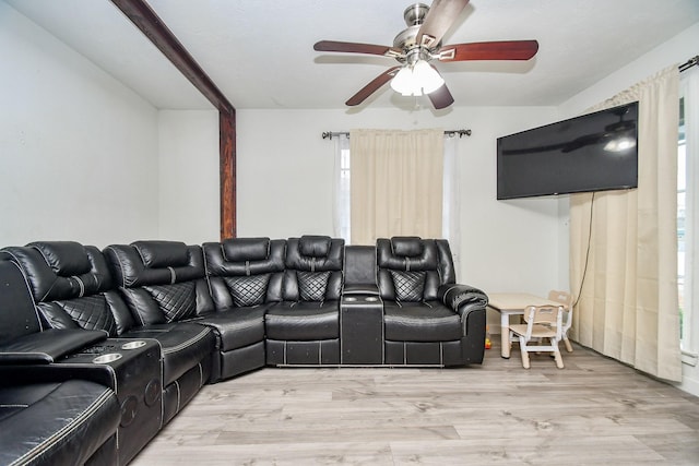 home theater featuring ceiling fan and light hardwood / wood-style floors