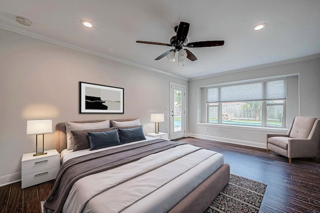 bedroom featuring crown molding, access to outside, dark hardwood / wood-style floors, and ceiling fan