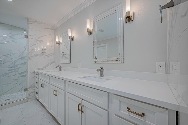 bathroom featuring vanity, crown molding, and a shower with door