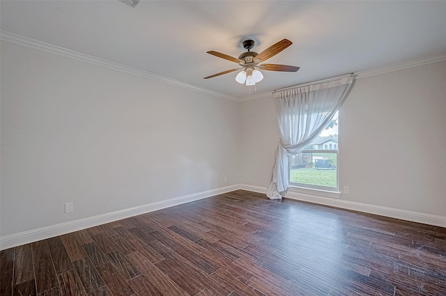 unfurnished room with crown molding, dark hardwood / wood-style floors, and ceiling fan