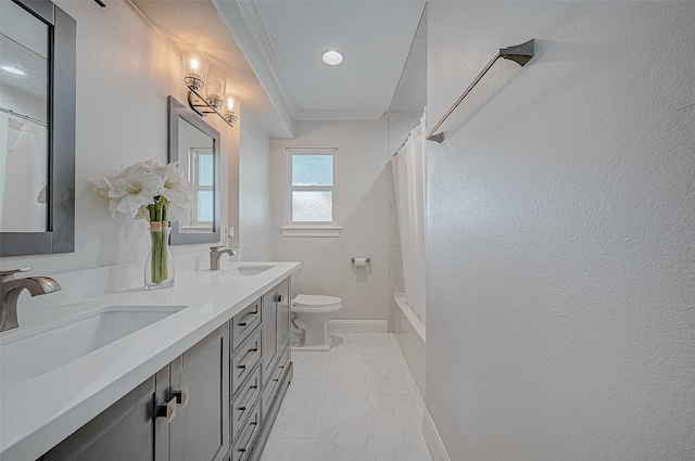 full bathroom featuring ornamental molding, toilet, shower / tub combo, and vanity