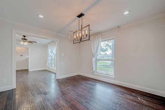 spare room featuring crown molding, dark hardwood / wood-style flooring, and ceiling fan with notable chandelier