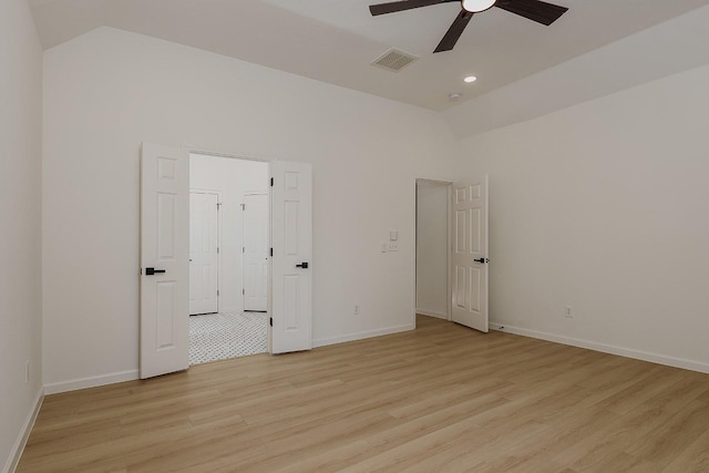 unfurnished bedroom featuring ceiling fan, high vaulted ceiling, and light hardwood / wood-style floors